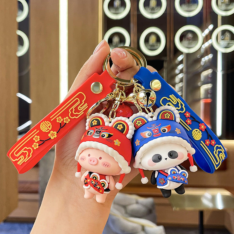 Cartoon Tiger Head Hat Animal Keychain Female Cute Lion Dance Doll Trend Couple Key Chain Handbag Pendant