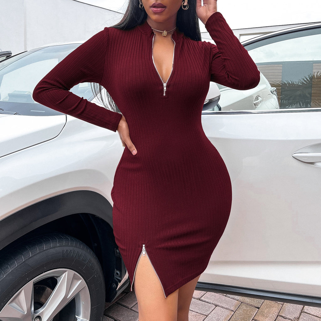 2022 Autumn and Winter New Type Hip Skirt Women's Sunken Stripe Sexy Slit V-neck Dress
