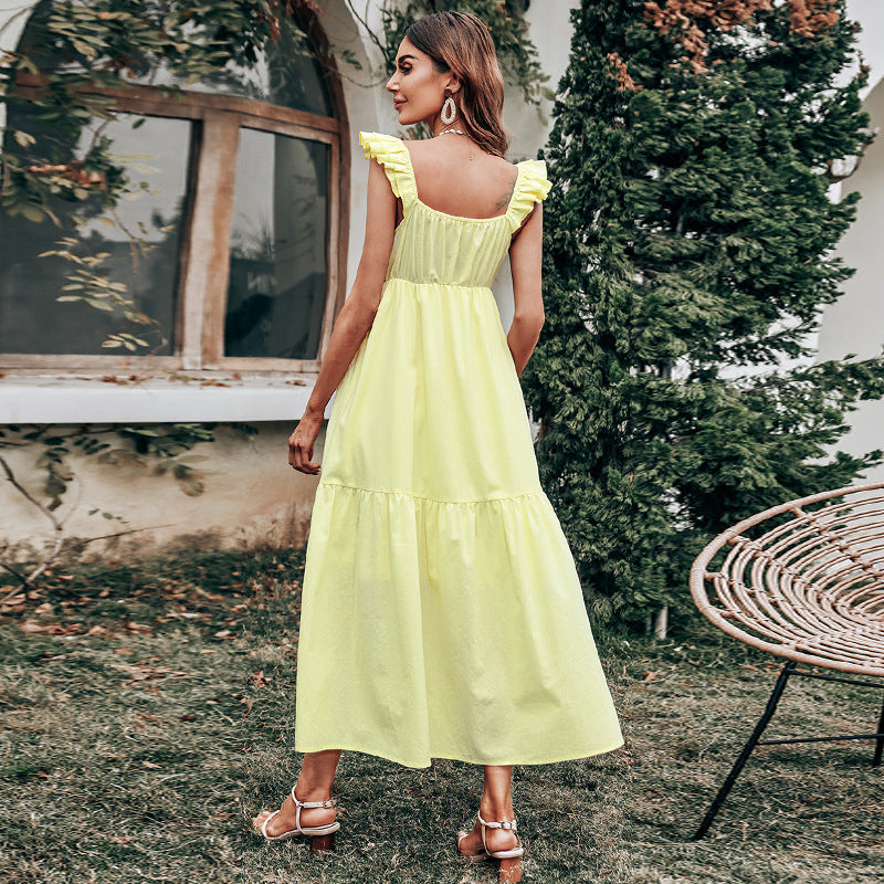 Yellow Suspender Dress High Waist Sleeveless Long Large Hem Dress Wholesale