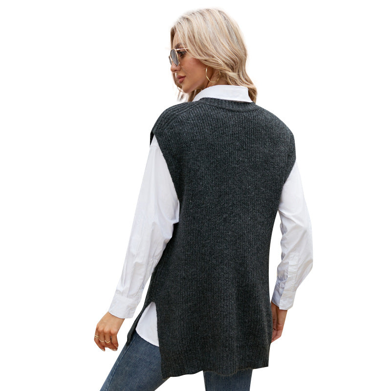 Casual Vest Top Mid-Length Sleeveless V-neck Sweater Loose Outer Wear Knitted Vest