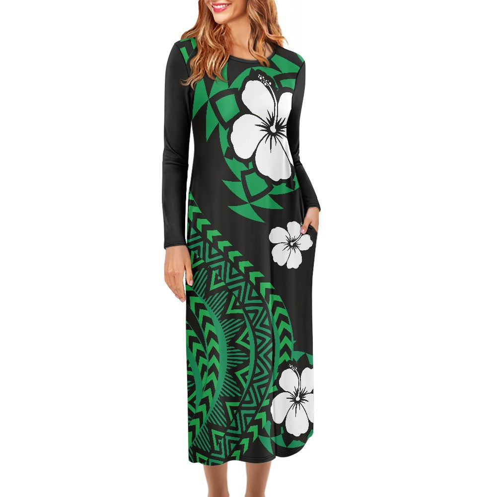 Hawaiian Print Dress Large Size Long Sleeve Round Neck Foreign Trade Women's Long Skirt