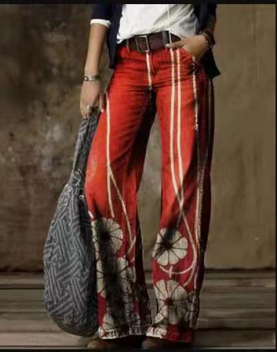 Wide-Leg Pants Straight Urban Casual Trousers No Belt High-Waisted Trousers