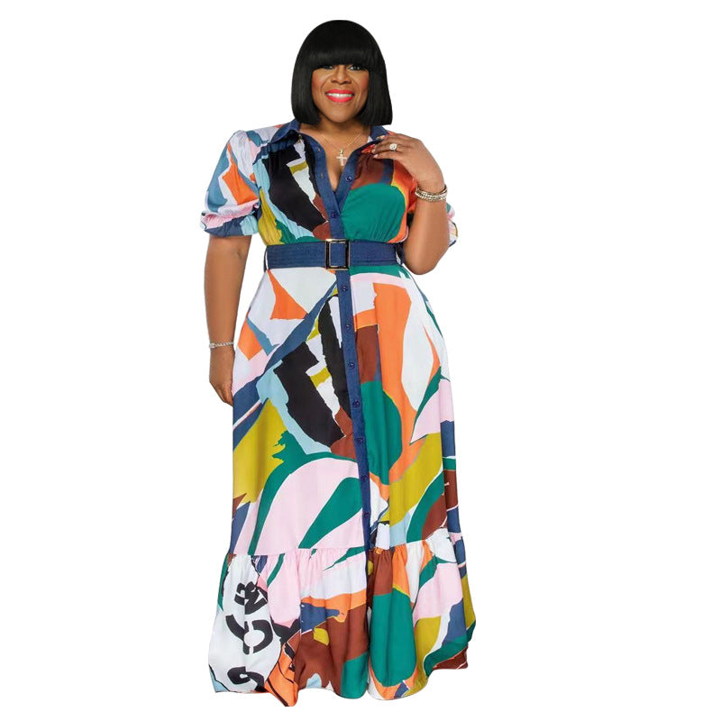 Color Printed Loose plus Size Women's Clothing Dress with Belt