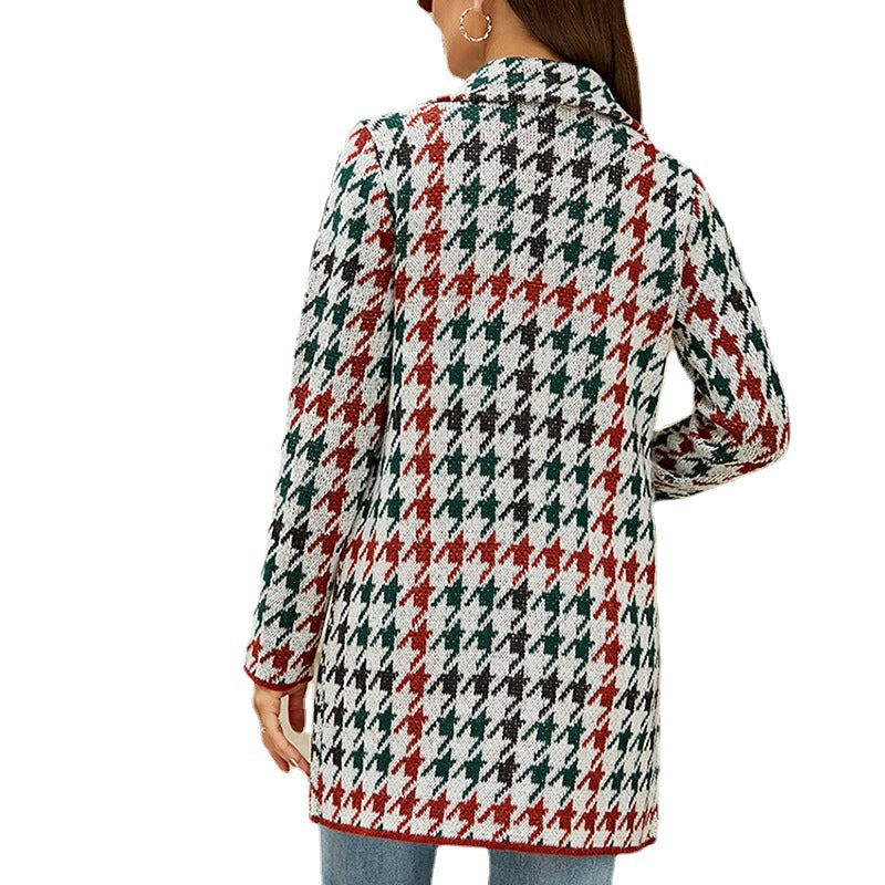 Autumn and Winter Long Sweater Contrast Color Houndstooth Knitted Cardigan Temperament Commute Suit Collar Trench Coat Coat