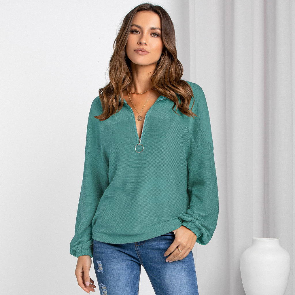 European and American women's clothing autumn and winter new tops women's fashion casual pullover V-neck solid color loose sweater