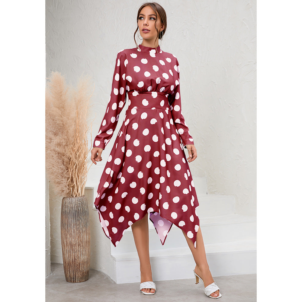 Irregular Long Sleeve Polka Dot Dress Women's New European and American Popular