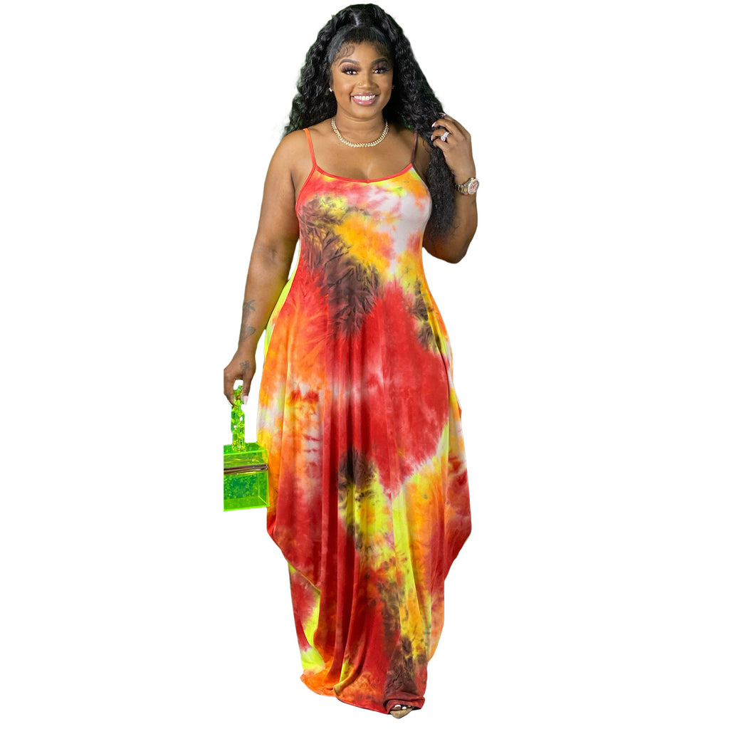 Bestseller Tie-Dyed Colorful Printing Strap Loose Dress