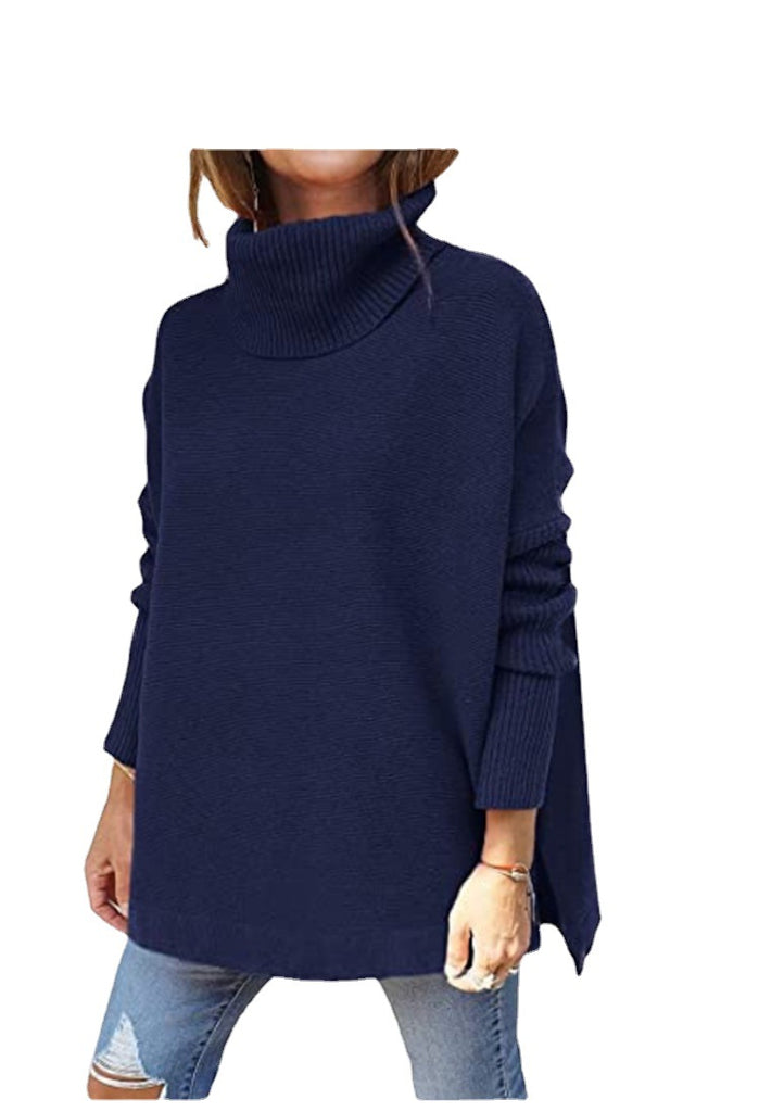 Women's Turtleneck Oversized Sweater Mid-Length Batwing Sleeve Hem Waist Pullover Sweaters Top