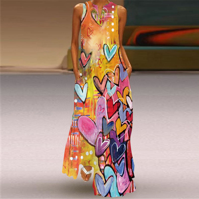 European and American Retro Printed Long Dress V-neck Multicolor Long Sexy Sleeveless Dress