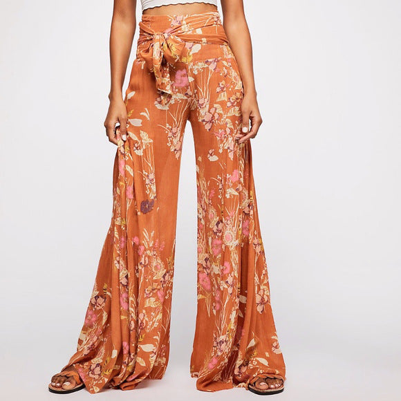 Floral Digital Printing Women's Rope Belt Casual Wide-Leg Pants Beach Vacation Bell-Bottom Pants