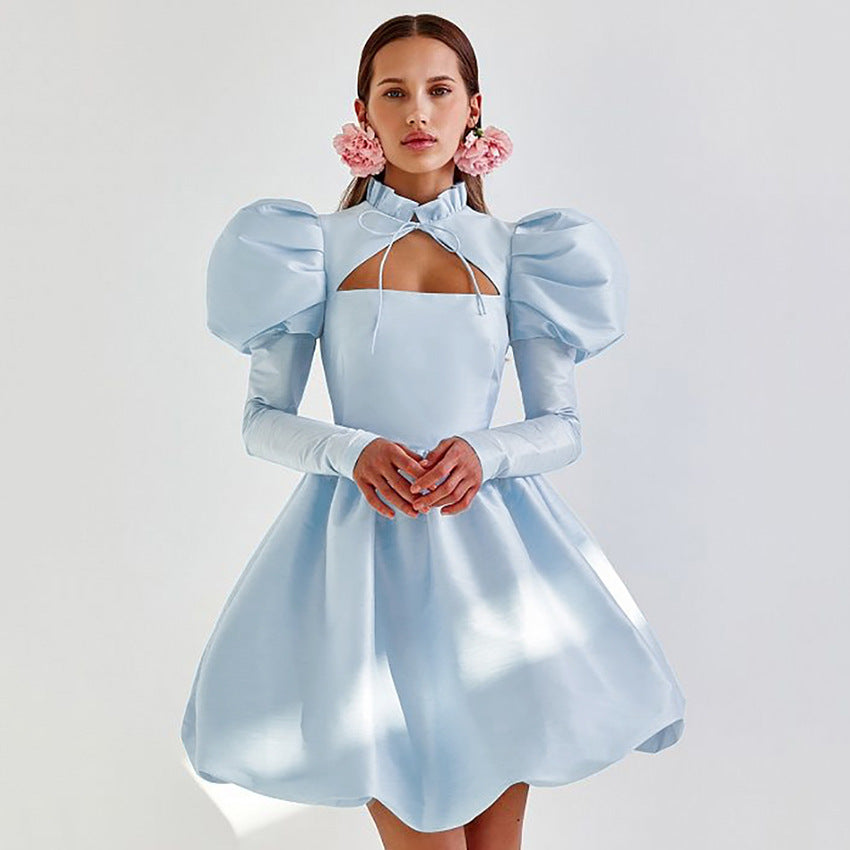 European and American Bubble Sleeve Hollow Princess Dress Niche Design Hollow Tuxedo Dress