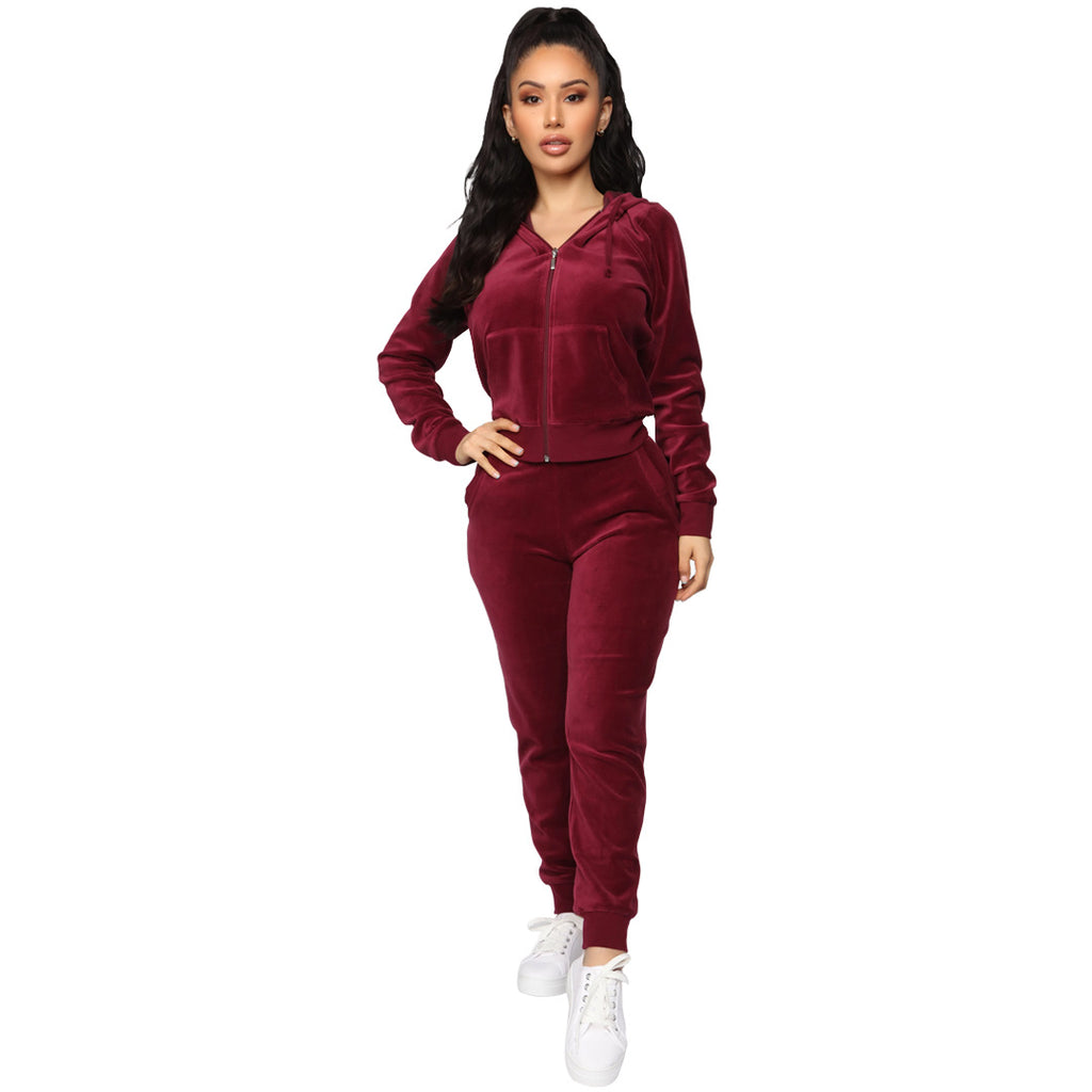 Bestseller Velvet Hooded Zipper Sweatshirt Elastic Waist Pants Two-Piece Set