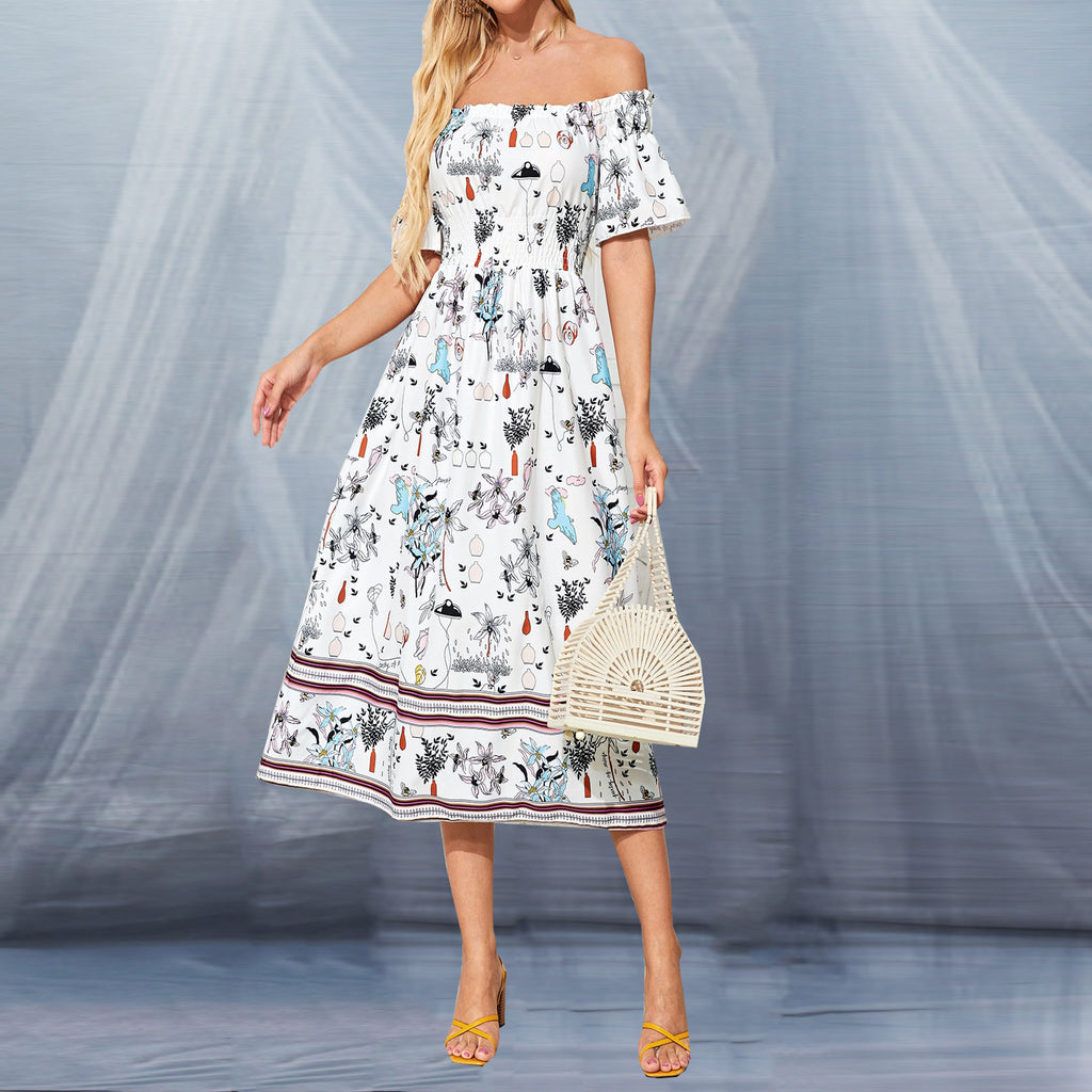 Off-Neck Slim Dress Printed Large Swing