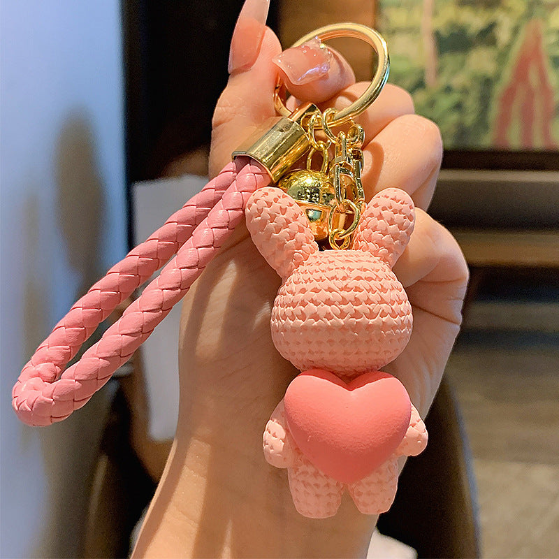 Creative Peach Heart Woven Rabbit Keychain Female Cute Couple Rabbit Schoolbag Pendant Car Key Chain Ornaments