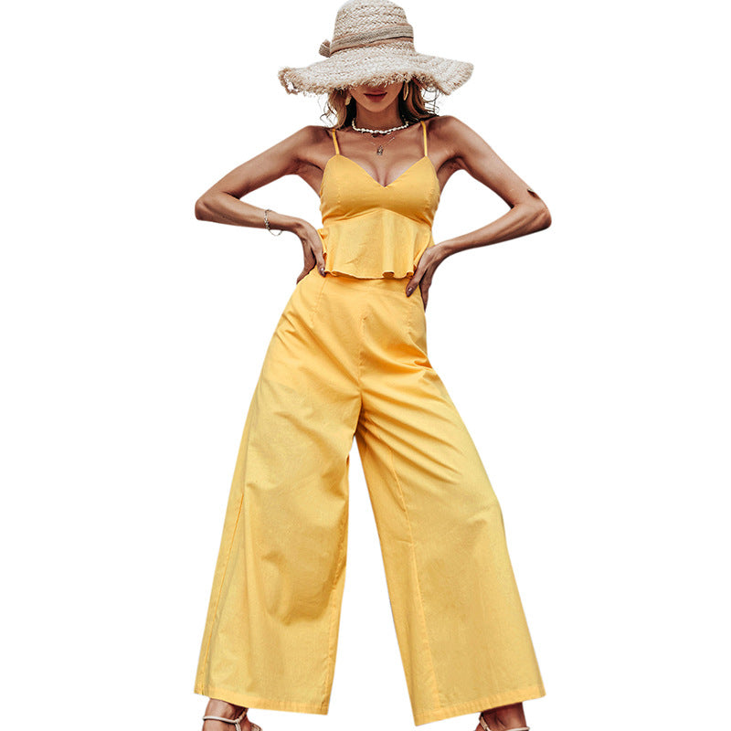 Yellow Vest Top Backless Sexy Sling Casual One-Piece Trousers Two-Piece Suit