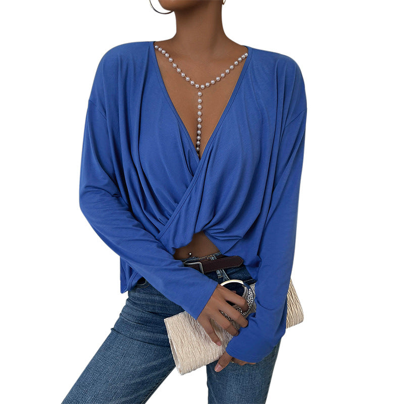 Women's V-neck Blue Top Irregular Loose Long Sleeves Cropped T-shirt