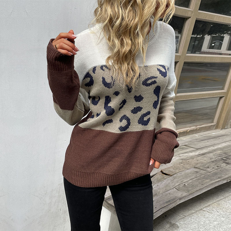 Autumn and Winter European and American Fashion Casual Women's Long Sleeve Leopard Print Contrast Color Sweater