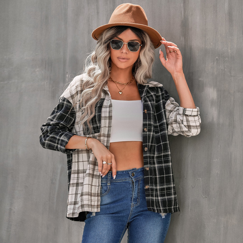 2022 Early Autumn New Polo Collar Plaid Top Women's Long Sleeve Cardigan Loose Shirt