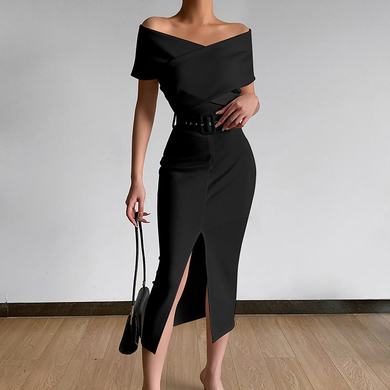 Elegant Graceful Commute Minimalist Young off-the-Shoulder Belt Dress with Vents