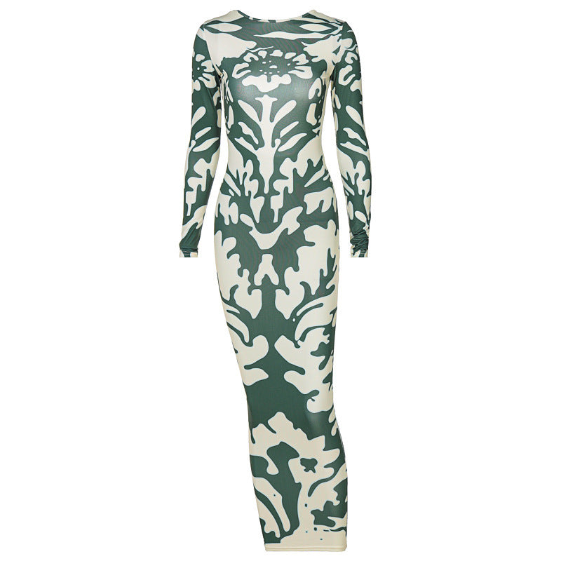 Autumn New Women's Printed Slim Fit Backless Long Sleeve Long Skirt High Waist Sheath Dress