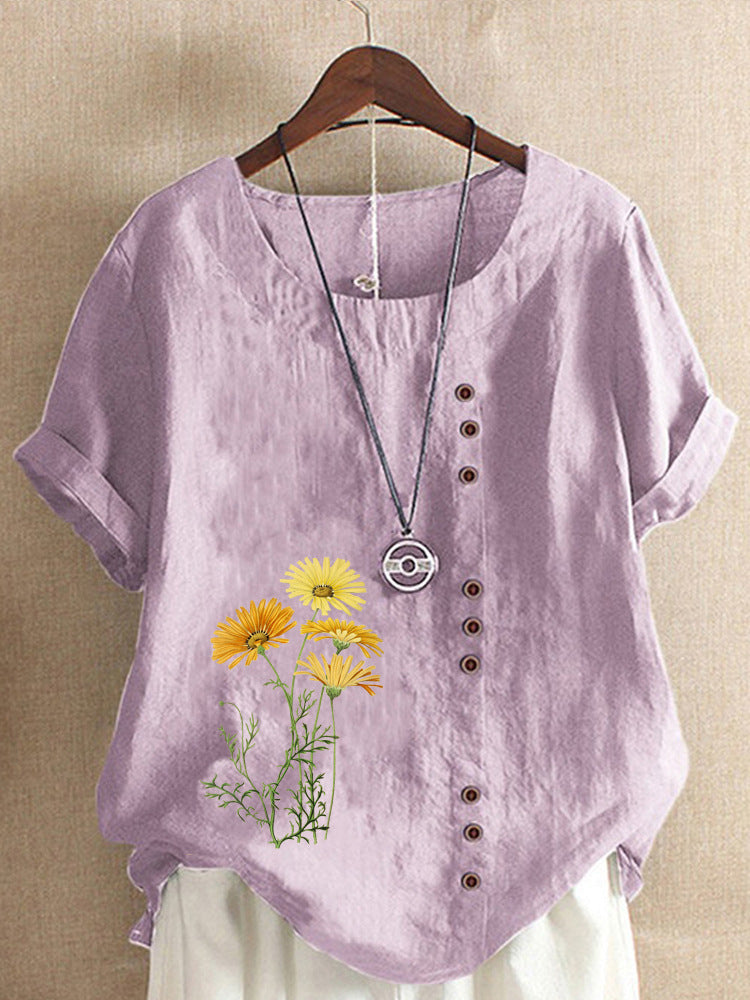 Cotton and Linen New Hot Flower Series Printed Loose round Neck T-shirt for Women