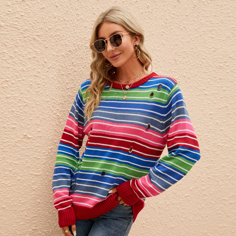 Color Sweater Long Sleeve round Neck Striped Sweater Loose Casual Contrast Color Ripped Sweater