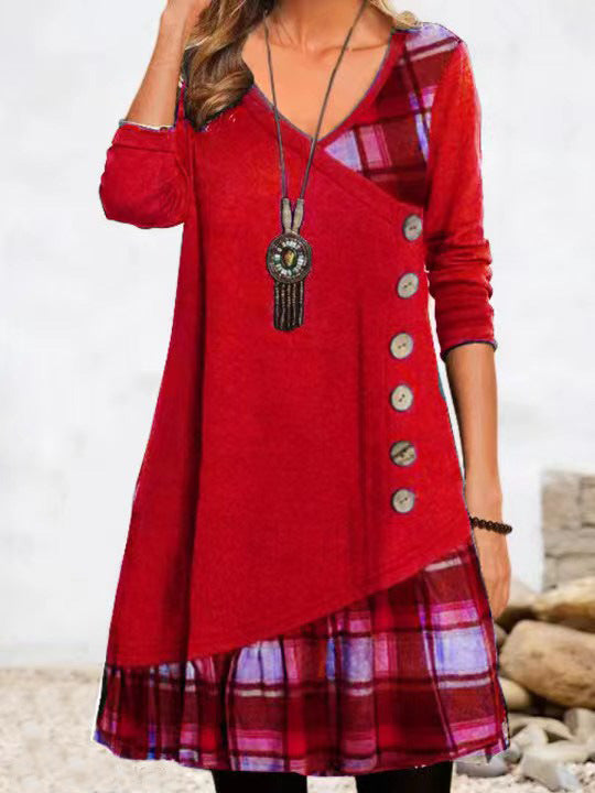 Casual Patchwork Button Long Sleeve Dress