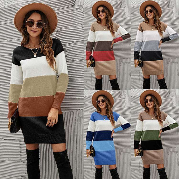 Color-Block Crew Neck Knitwear European and American Foreign Trade Dress Large Size Long Sweater for Women