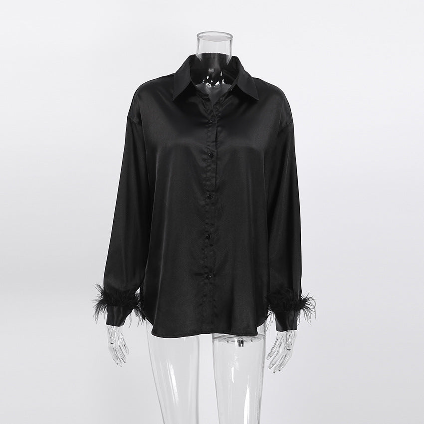 European and American Fashion Casual Long Sleeve Shirt Autumn Commuter Satin Women's Clothing Ice Silk Feather Stitching Design Sense