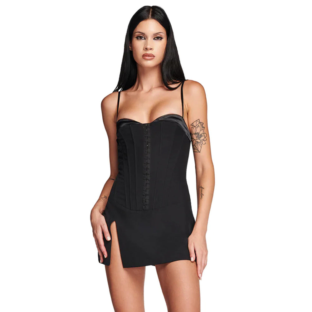 Hot Girl Sexy Slim Fit Backless Split Skirt Black Camisole Dress Small Dress