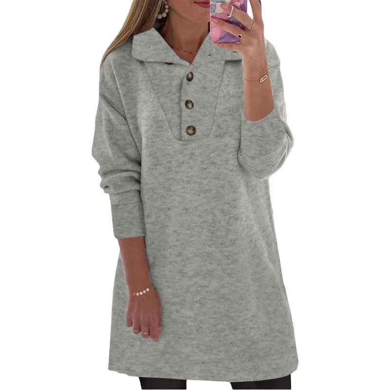 Women's Solid Color Polo Collar Button Long Sleeve Casual Dress for Women