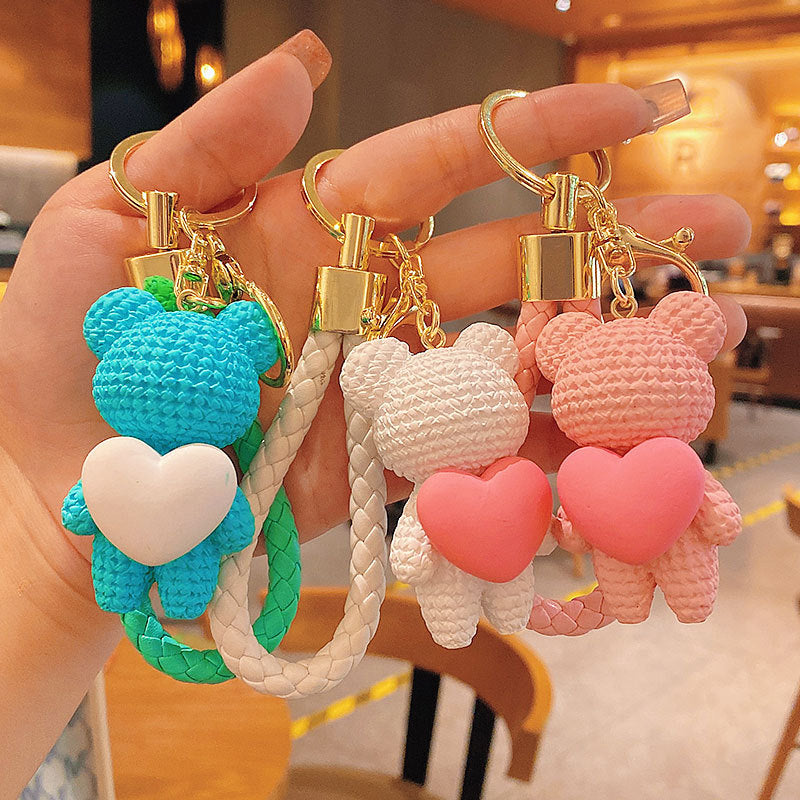 Cartoon Hug Peach Heart Woven Bear Keychain Female Cute Couple Pendant Creative Car Key Chain Ornaments