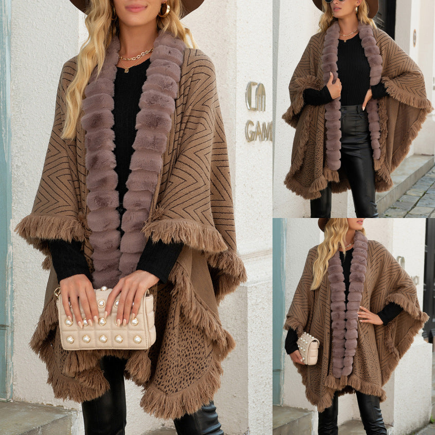 Autumn And Winter New Light Luxury Fur Collar Tassel Shawl Sweater Cloak