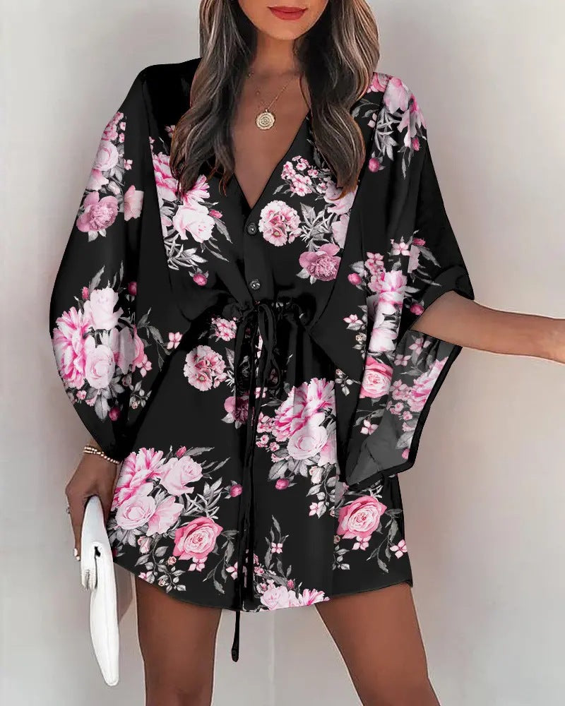 Flying Sleeves A- line Dress V-neck Lace-up Leisure Vacation Jumpsuit Skirt