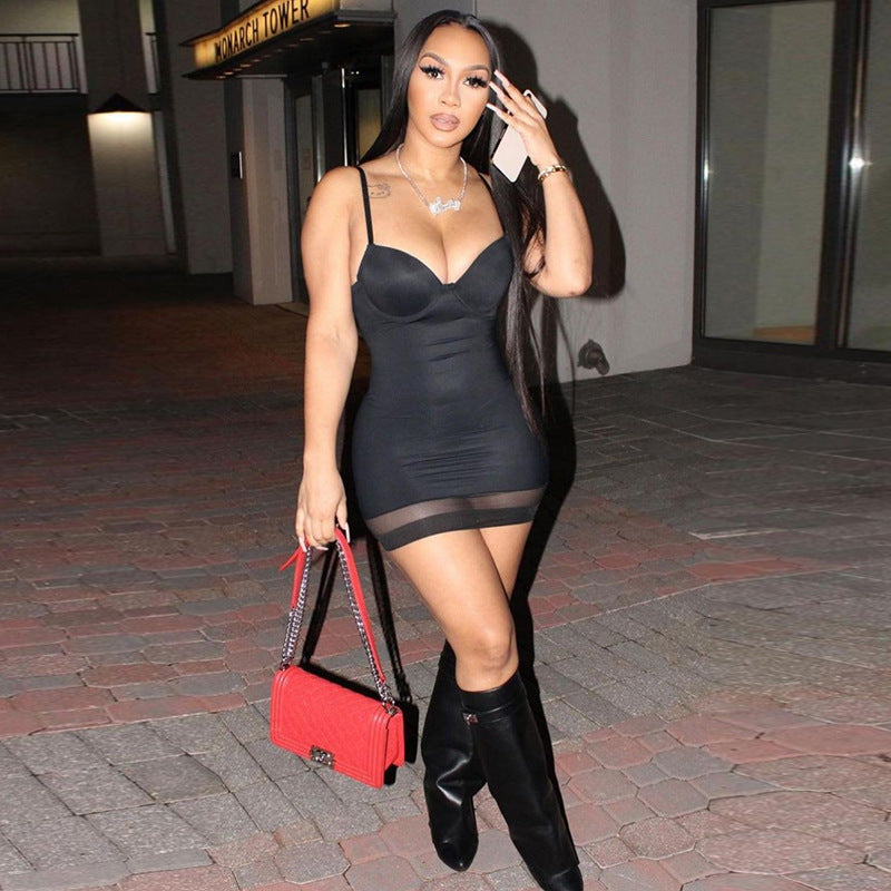 Women's fashion sexy breast shape stitching solid color V-neck suspender dress short skirt women