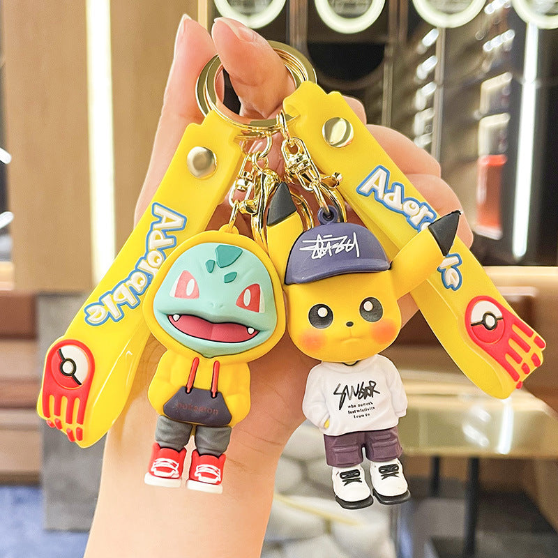 Cartoon Hooded Pikachu Keychain Cute Pendant Epoxy Three-Dimensional Doll Trendy Schoolbag Hanging Decoration Gift