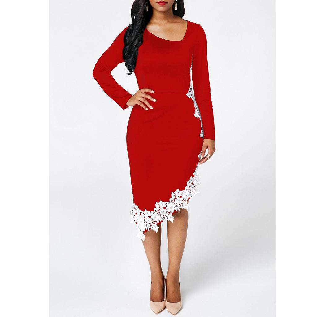 Fashion Lace Stitching Three-Quarter Sleeve Irregular Sheath Dress Temperament Commute Women's Clothing