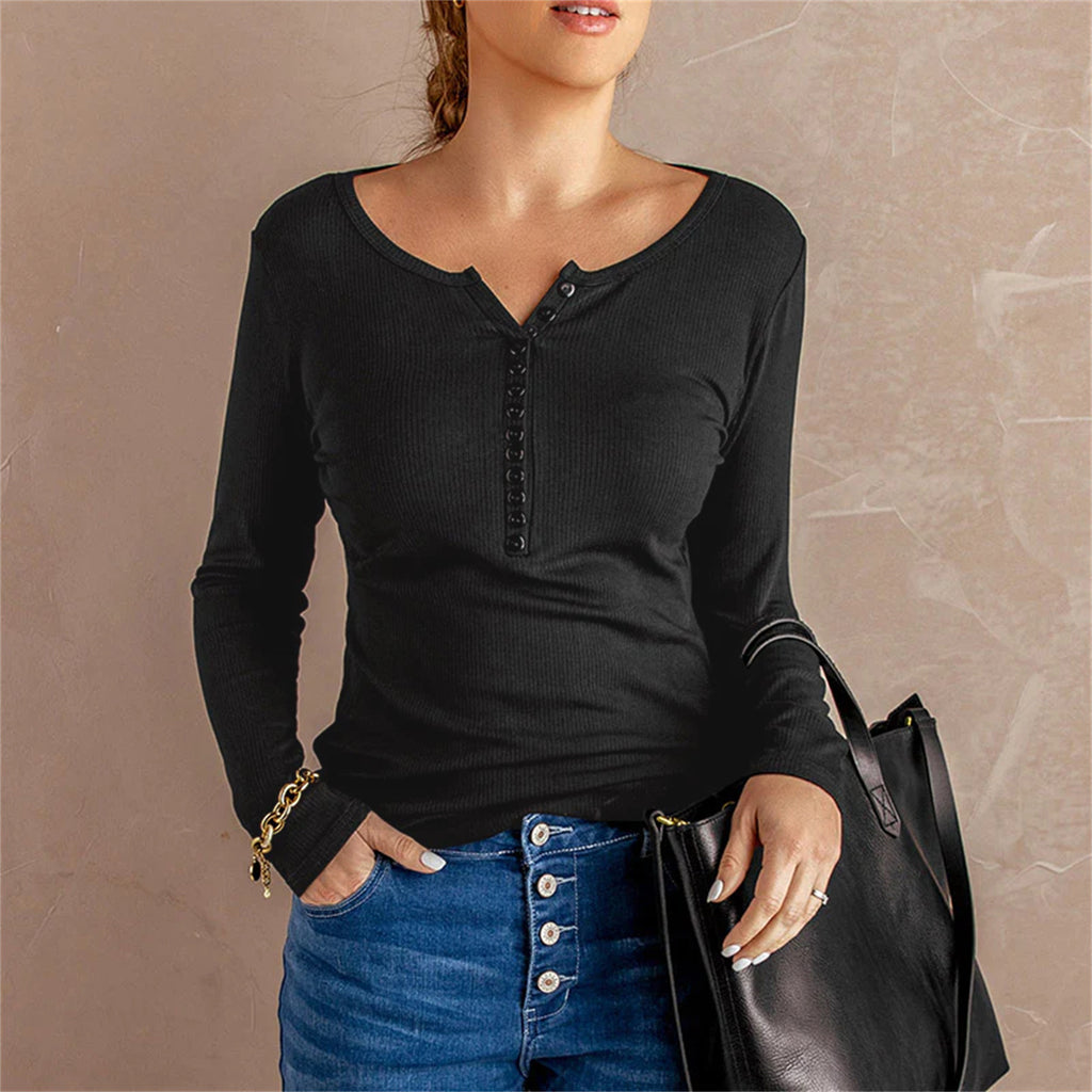 Button Fashion Threaded Long Sleeve Casual All-Match T-shirt Female Fall/Winter Base Top