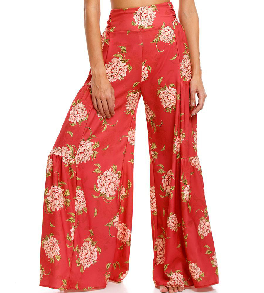 Floral Digital Printing Women's Rope Belt Casual Wide-Leg Pants Beach Vacation Bell-Bottom Pants