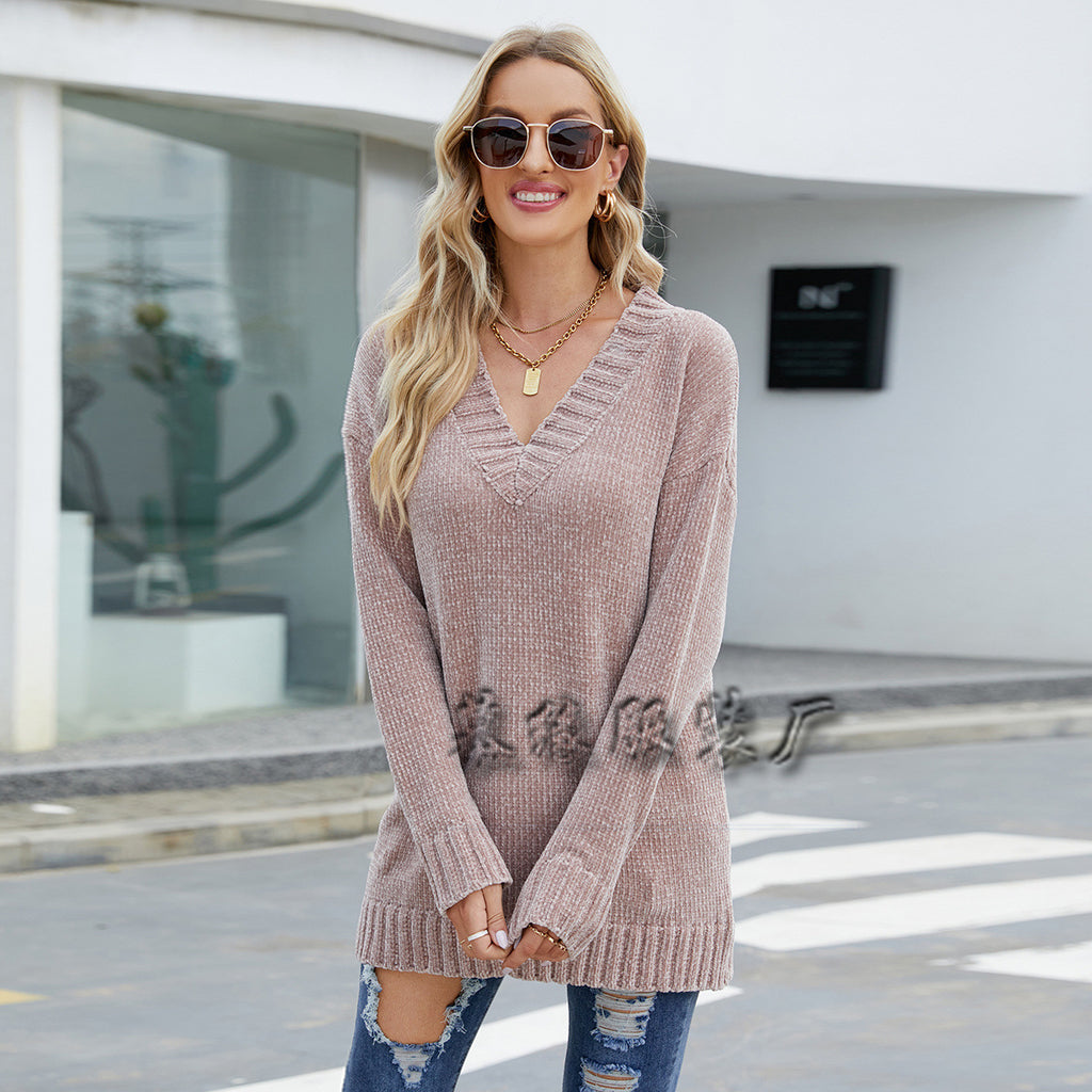 Fashion Long Sleeve V-neck Knitted Loose Loose Pullover Women