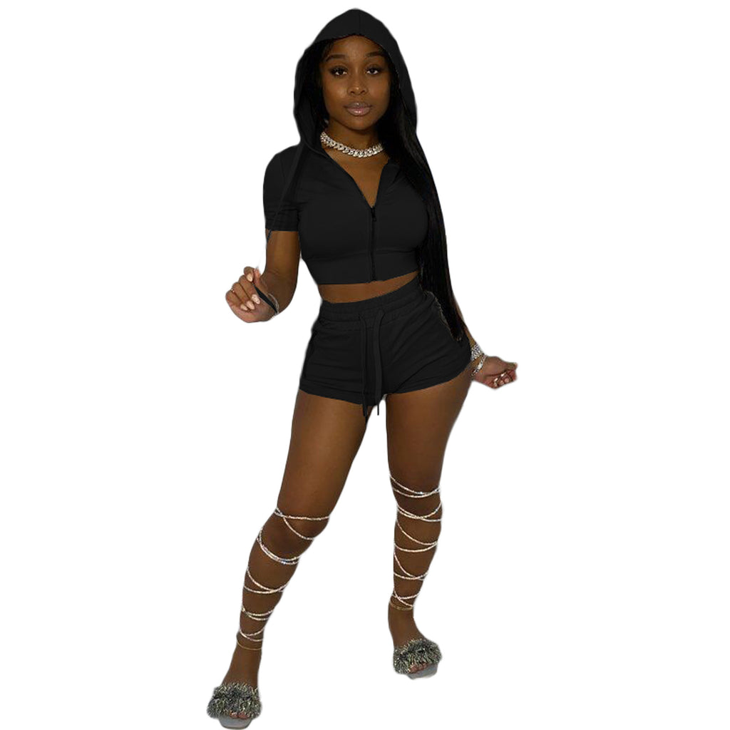 Solid Color Hooded Navel T-shirt Shorts Casual Suit Two-Piece Set