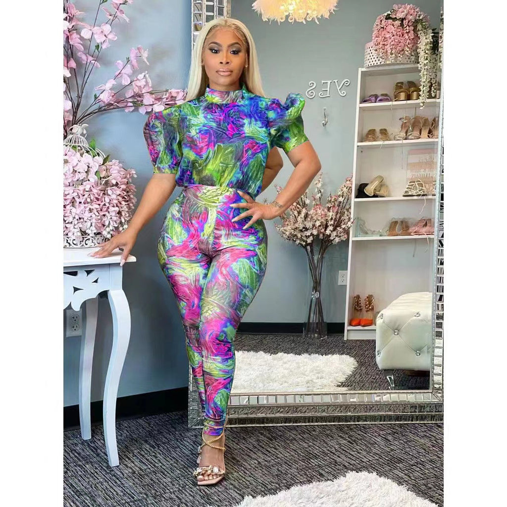 Tight Short Sleeve Printed Puff Sleeve Jumpsuit