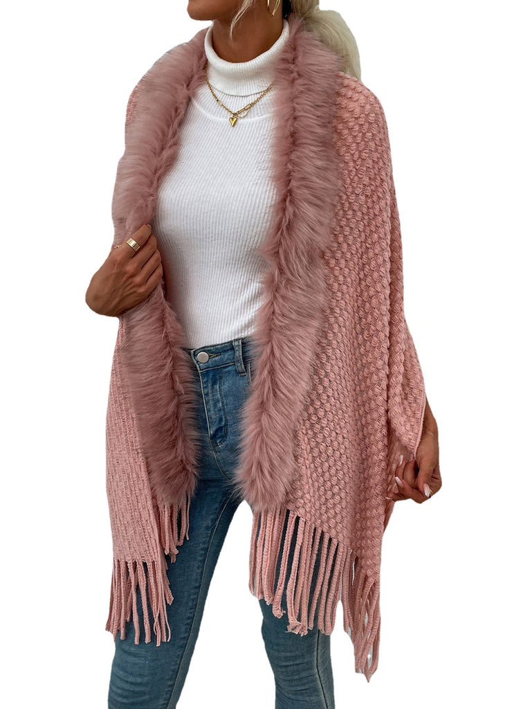 Autumn and Winter New Light Luxury Fur Collar Tassel Shawl Sweater Coat