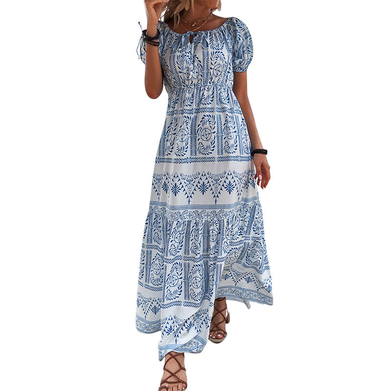 Blue Printed Long Short Sleeve Large Swing Waist off-Shoulder Women's Dress