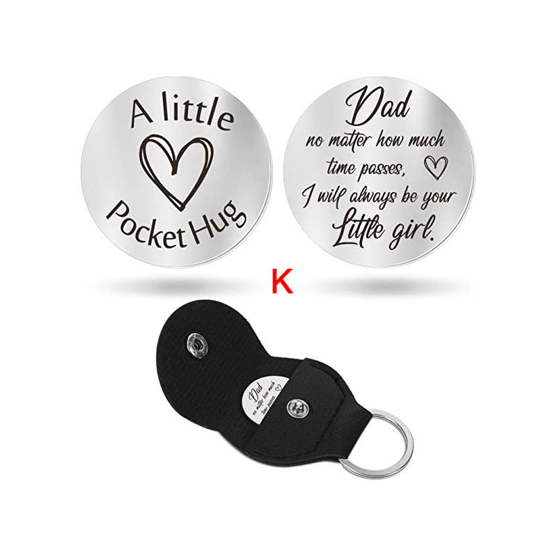 A small pocket Hug engraved key chain round stainless steel metal accessories