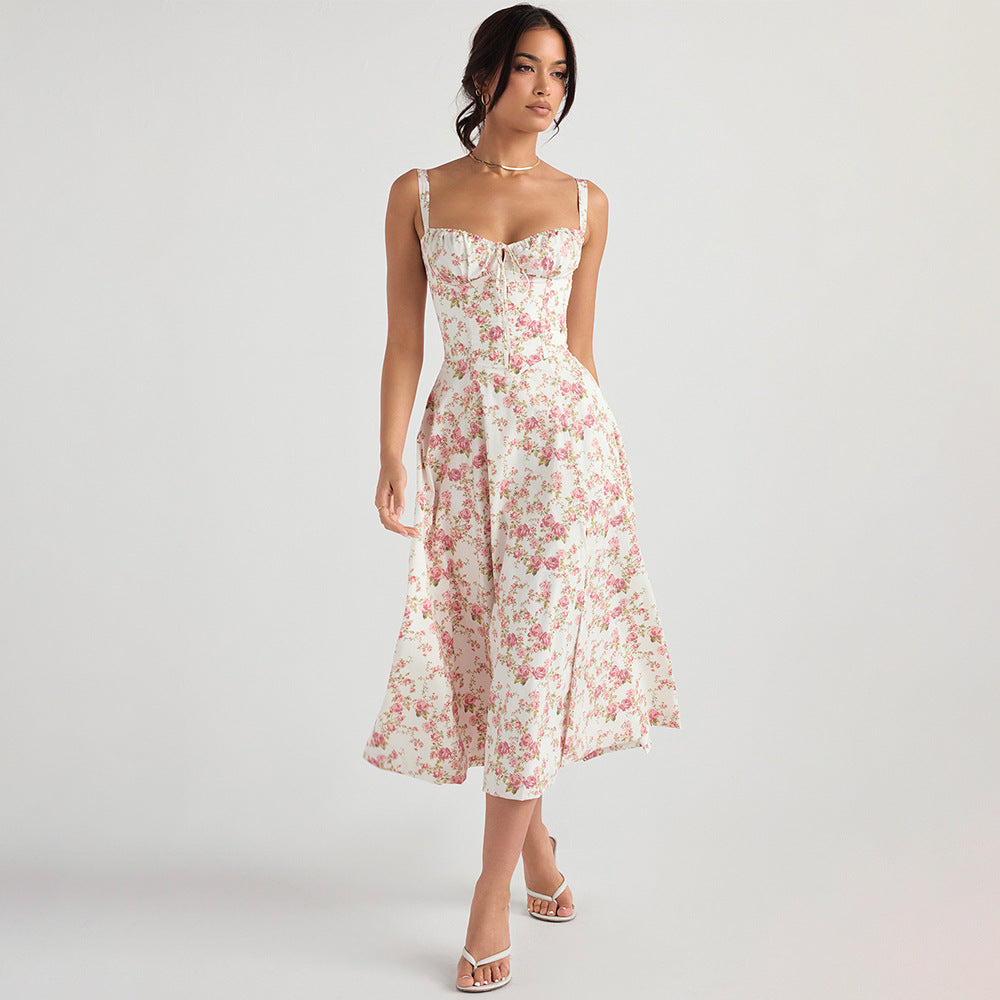 Slim Fit Slit Floral Skirt Hollow Backless Suspender Dress