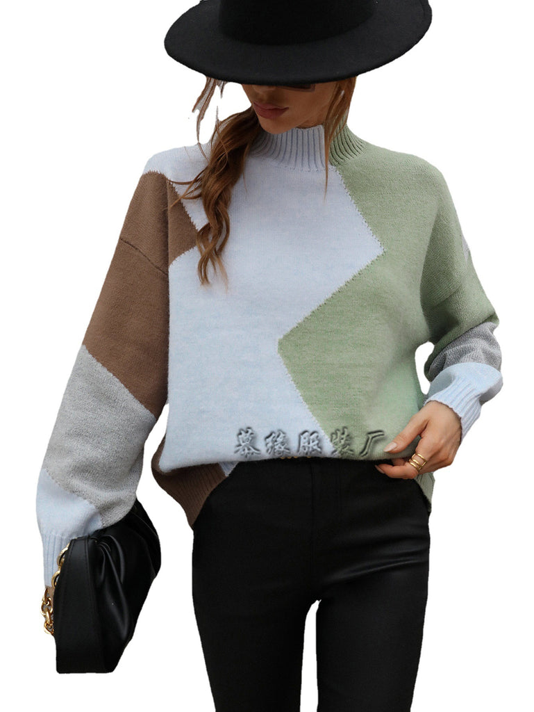 Autumn and Winter European and American Loose New Color-Block Crew Neck Knitwear Women's Pullover Foreign Trade Sweater Women