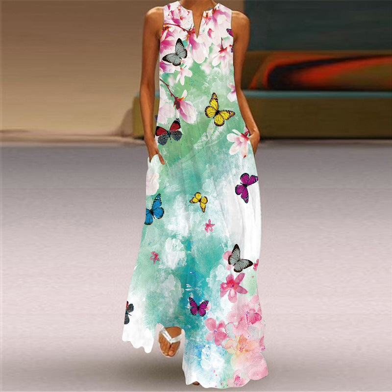 Women's Vintage Printed Long Dress V-neck Sleeveless Pocket Summer Sexy Dress