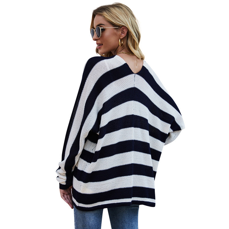 European and American Bat Sleeve Knitted Jacket Loose Striped Knitted Cardigan