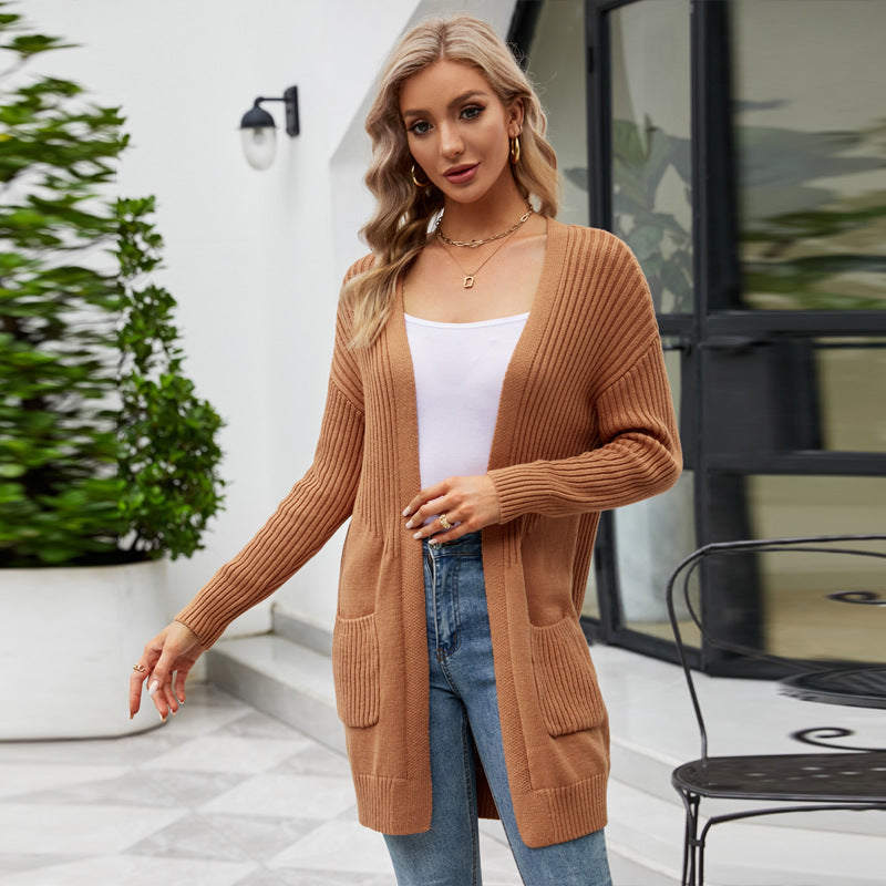 European and American Women's Clothing Versatile Solid Color Knitted Cardigan Long Slim Fit Sweater Coat